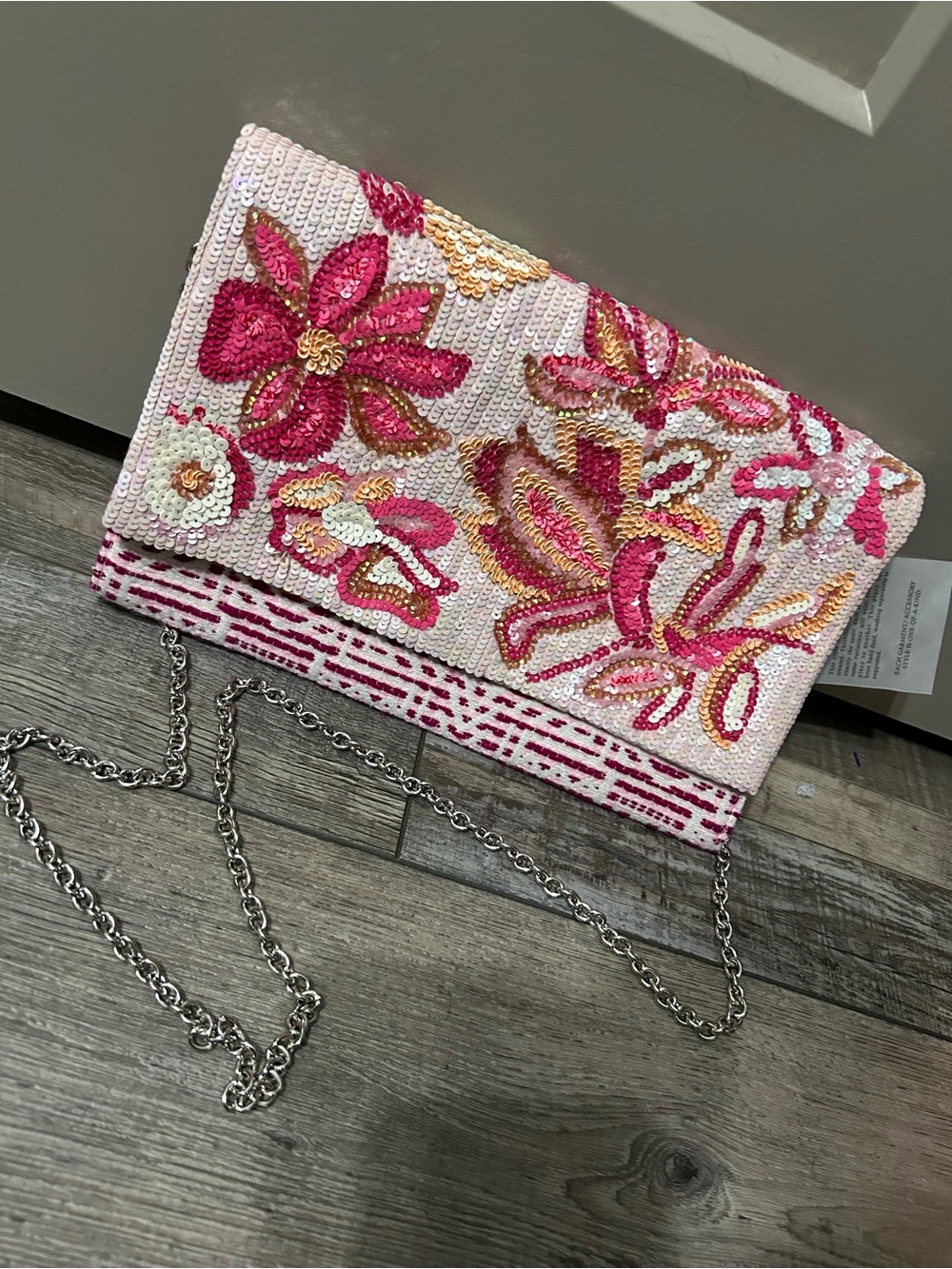 America & Beyond Floral Sequin Pink & Gold Foldover Clutch with Chain